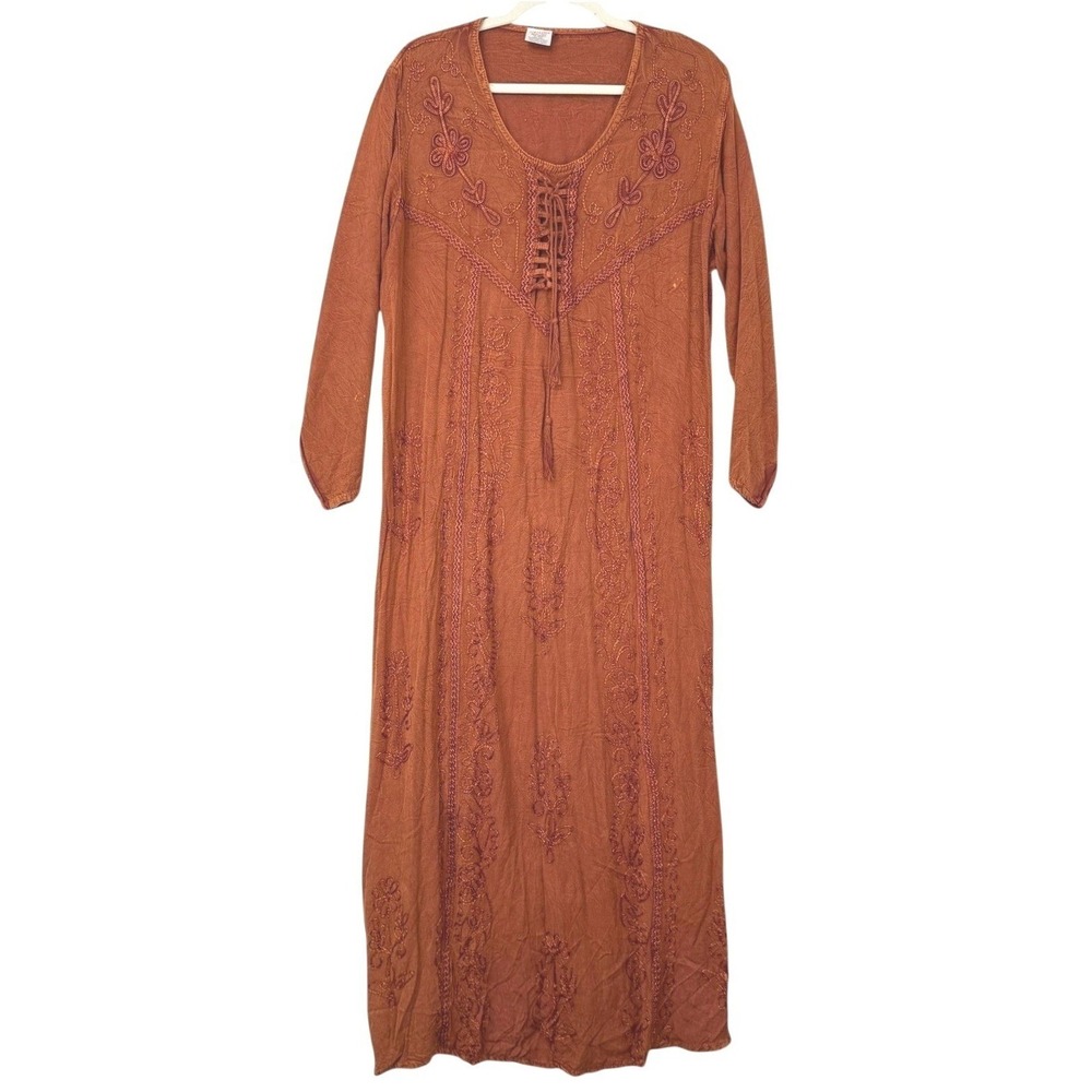 Boho Embroidered Lace Up Maxi Dress Rust Brown 3/4 Sleeve One Size - Picture 2 of 11